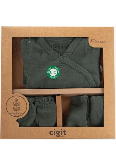 Organik Hastane Çıkışı Bebek Takımı 0-3 Ay Haki Yeşil Haki Yeşil