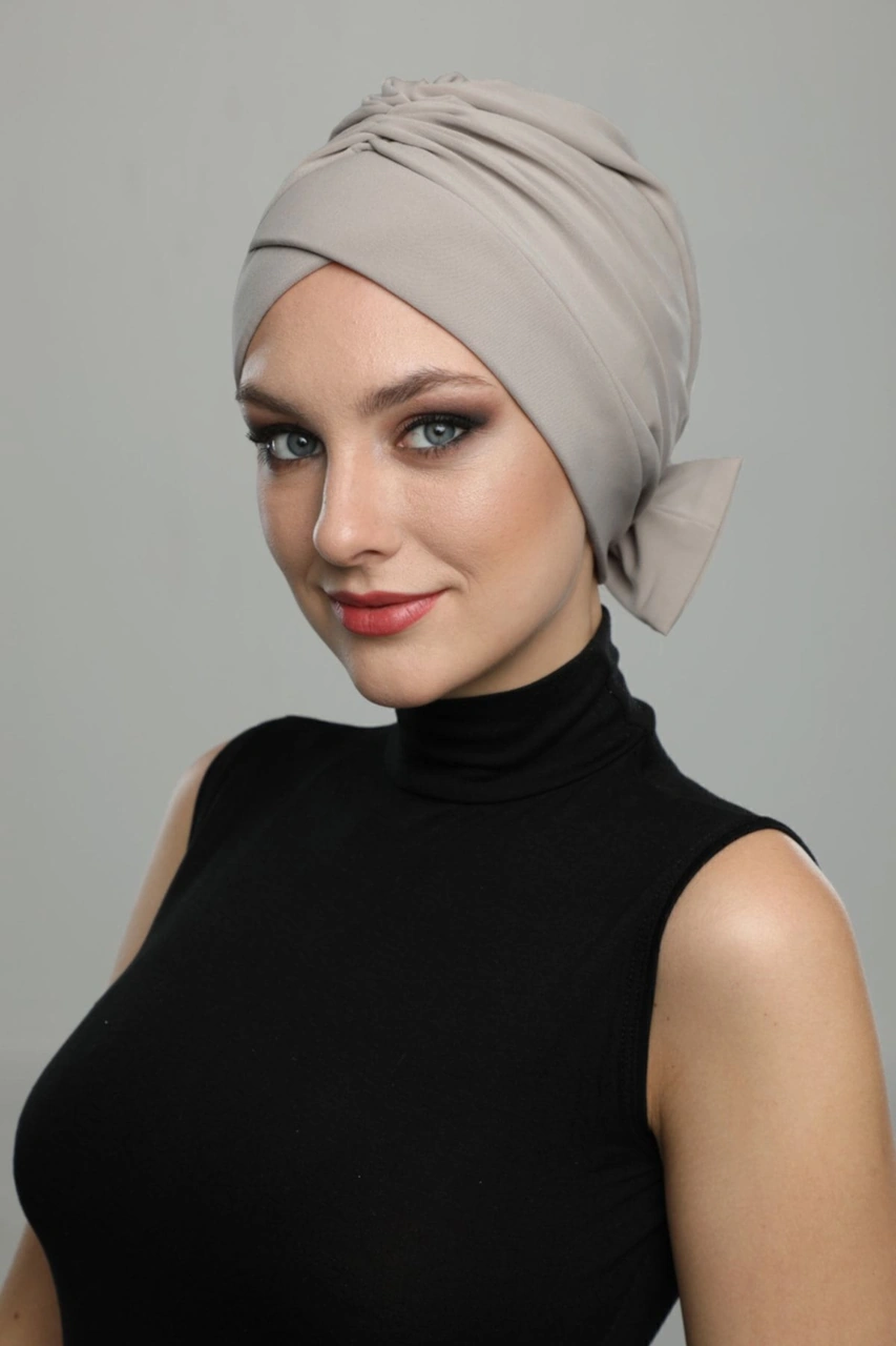 Fiyonklu Kum Beji Hazır Türban Tesettür Havuz Bonesi Kum Beji