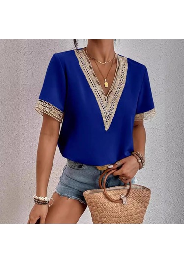 Kadın Modası Rahat Yaz Bahar Düz Renk Baskı Dantel Kısa Kollu V Yaka Bluzlar Ve Gömlekler Mavi Kadın Modası Rahat Yaz Bahar Düz Renk Baskı Dantel Kısa Kollu V Yaka Bluzlar Ve Gömlekler Mavi
