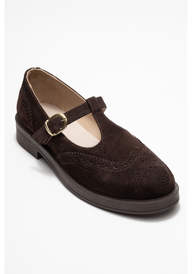 Janney Kahverengi Süet Hakiki Deri Bantlı Kadın Loafer Ayakkabı Kahve Süet