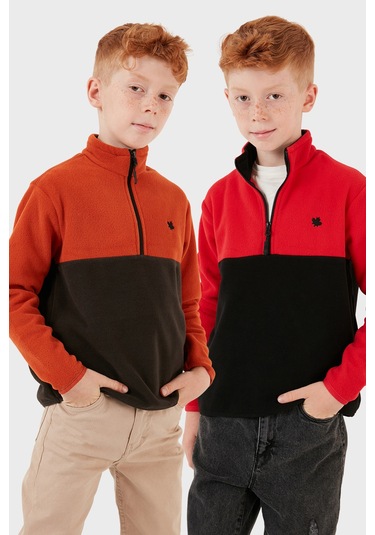 Lela Yumuşak Dokulu Yarım Fermuarlı Renk Bloklu Dik Yaka 2'Li Paket Çocuk Polar 5905004S2 Kırmızı Siyah-Orange Antrasit
