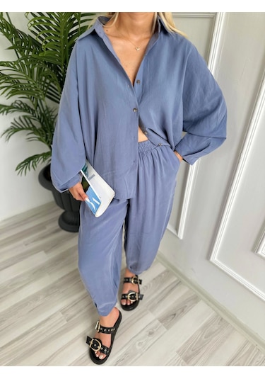 Keymoda Kadın Gömlek Pantolon Takım Gri Mavi Gri Mavi