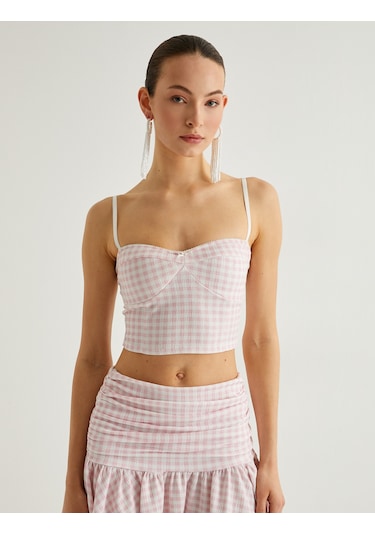 Koton İnce Askılı Crop Büstiyer Kalp Yaka Pembe Ekose 4sak10640ek Pembe