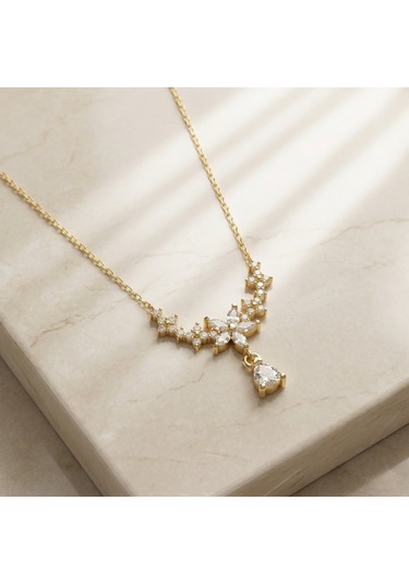 925 Ayar Gümüş Kalp Taşlı Çiçek Kolye Gold