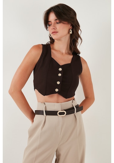 Lela Slim Fit Kalp Yaka Düğmeli Kalın Askılı Crop Bayan Yelek 5865497 Kahve