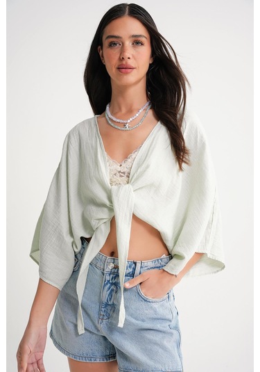 4723 Kadın Önü Bağlamalı Bolero Bluz Adaçayı Adaçayı