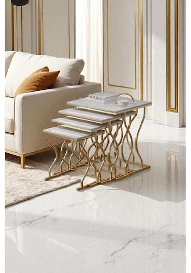 Arden Elite 4'lü Kare Zigon Sehpa Seti Gold Ayak, Krem Mdf Beyaz