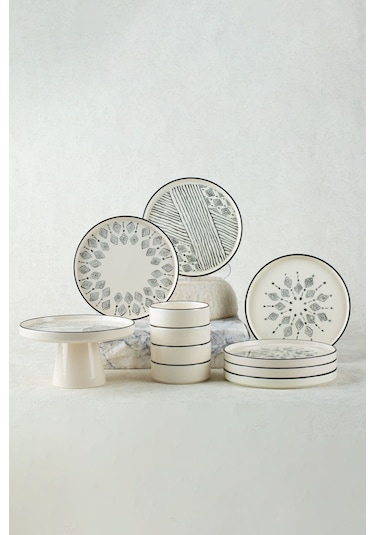 KitchenLife Stackable Ethnical 11 Parça Ayaklı Sunum Servis Tabaklı 6 Kişilik Kahvaltı Takımı Çok Renkli