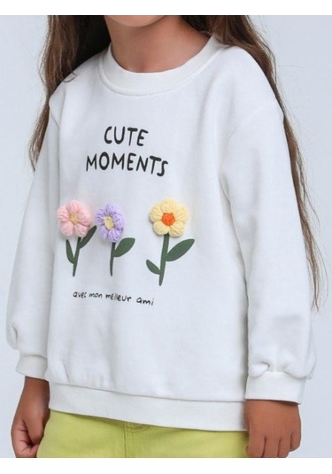 Kız Çocuk Örgü Çiçek Desenli Sweatshirt-14297 Beyaz
