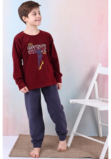 Yeni Sezon Sonbahar/kış Erkek Çocuk Skate Desenli Polar Pijama Takımı 4515 Bordo