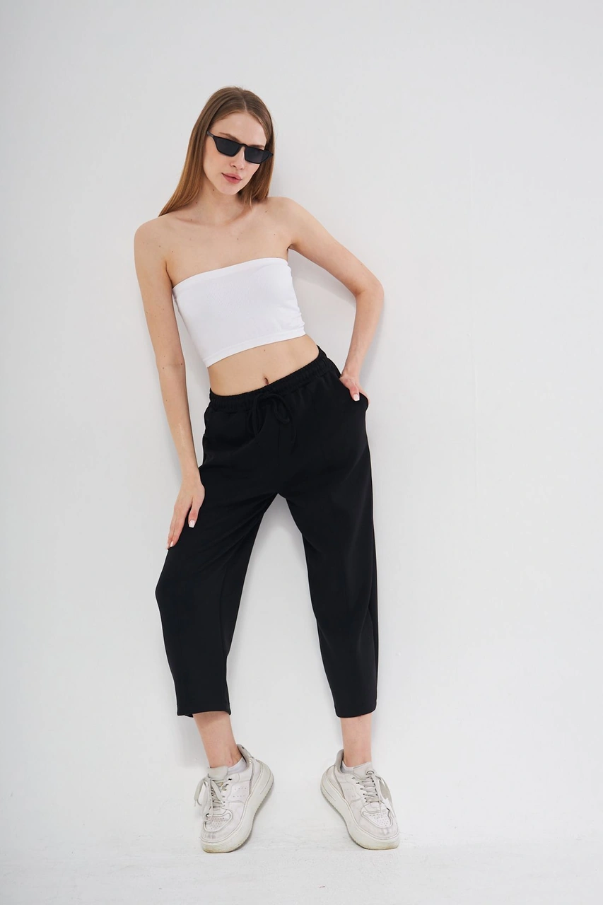 Haki Ultra Yumuşak, Dikiş Detaylı Havuç Kesim Bağcıklı Lastikli Bilek Boy Kadın Modal Pantolon Siyah