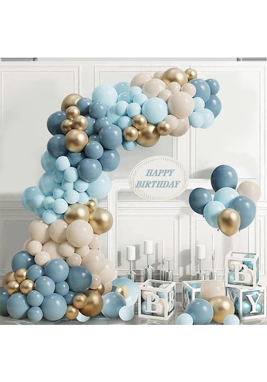 Okyanus Temalı Baby Shower Set 119 Parça Okyanus Mavi, Deniz Kumu, Krom Gold Ve Açık Mavi Balon Set