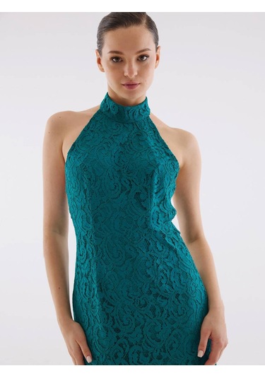 Dantel Halter Yaka Yeşil Elbise Standart