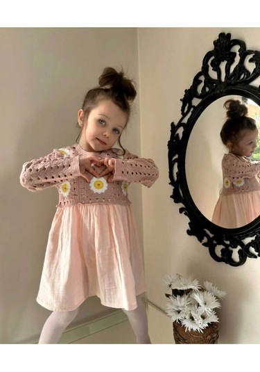 Kız Çocuk Çiçek Desenli Kroşe Müslin Pamuklu Prenses Hediye Doğum Günü Şık Elbise Pembe