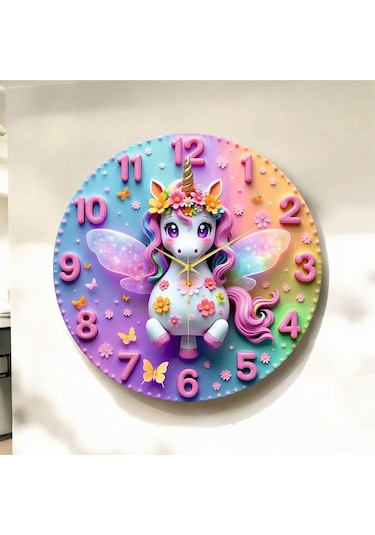 Minik Unicorn Renkli Baskı Tek Boynuzlu At Desenli Sayılı Hediyelik Ahşap Sessiz Duvar Saati 50cm ÇOk Renkli