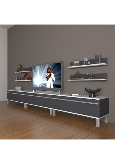 Decoraktiv Eko 270r Mdf Krom Ayaklı Tv Ünitesi Tv Sehpası Beyaz - Antrasit