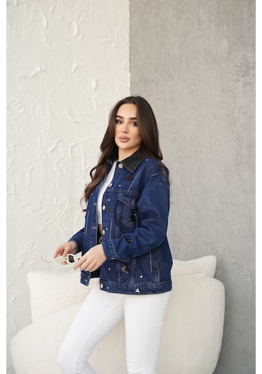 Kadın Cep Detaylı Tasarım Kot Ceket Mavi