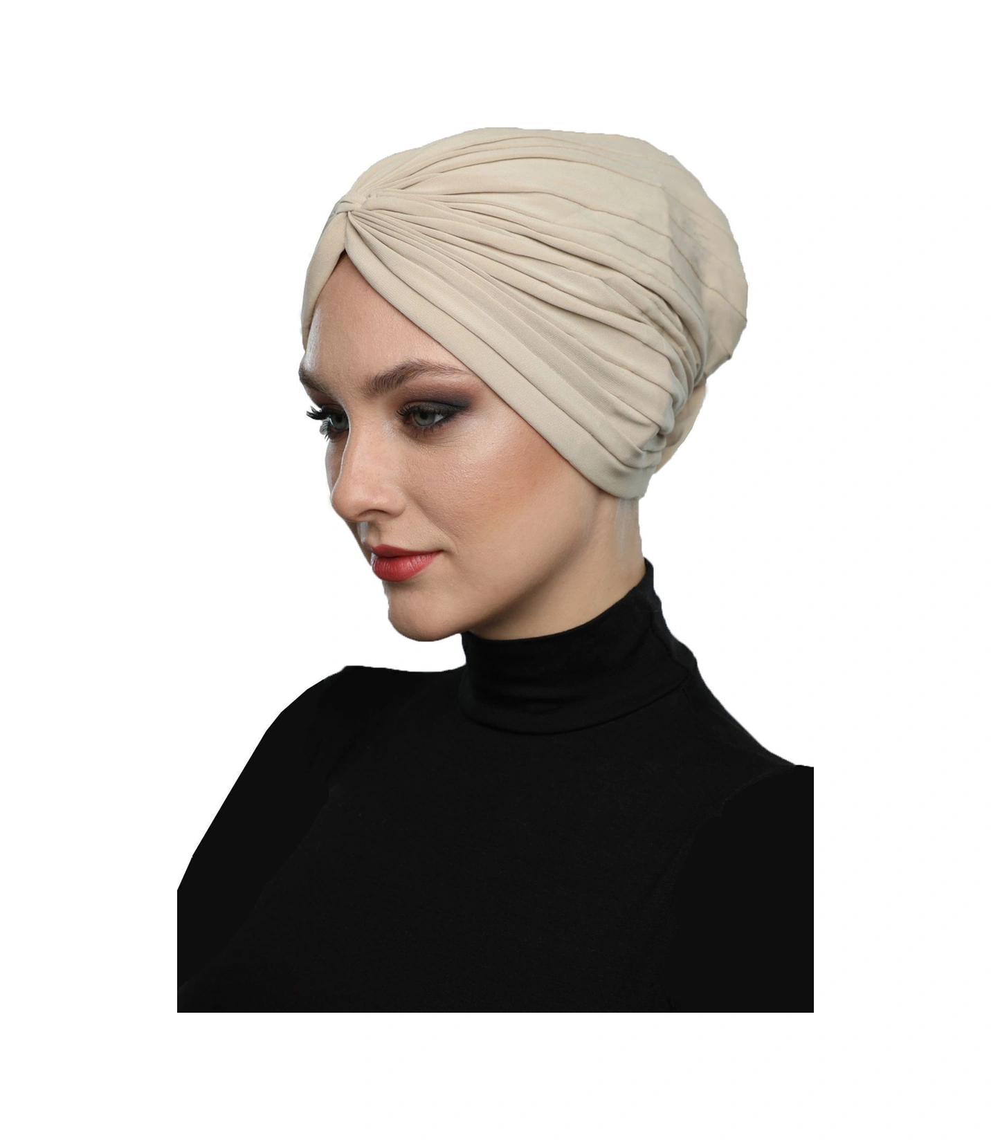 Çapraz Bantlı Kum Beji Hazır Türban Tesettür Havuz Bonesi Bej