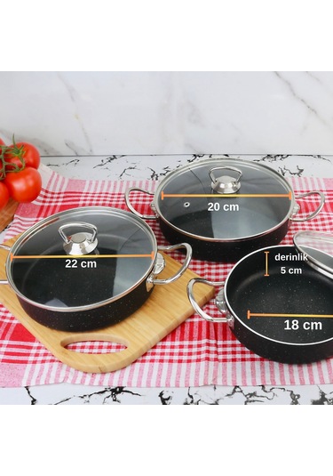 Meşeler Granit Omlet Sahan Seti 3 Lü Siyah - İnox 18  x 20 x 22 CM