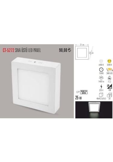 Cata Ct-5272 24 Watt Sıva Üst Led Armatür Kare Gün Işığı N11.49