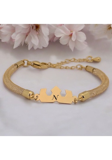 Archin N Harfine Özel Taç Motifli 14 Ayar Altın Plakalı Hasır Kordonlu Hediye Bileklik-461harf N