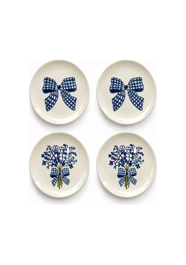 Blue Gift 4 Lü Çiçek Desenli Seramik Tatlı Tabağı 16 Cm Pasta Kahvaltı Sunum Tabak Seti Beyaz
