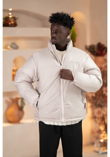 Oversize Bol Kesim Dik Yaka Fermuar Kapamalı Şişme Mont Krem