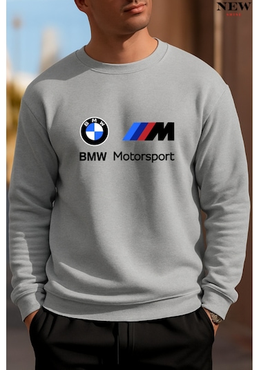 Baskılı Bisiklet Yaka Sweatshirt Gri