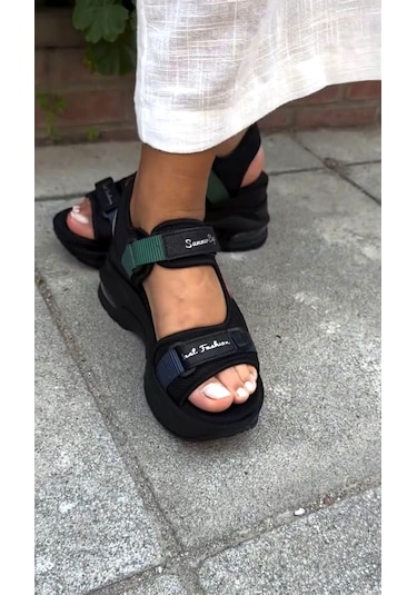 Sms 3031 Kadın Dolgu Havalı Taban Masajlı Spor Sandalet Siyah Siyah