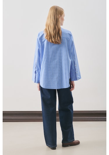 Oversıze Çizgili Gömlek Mavi Çizgi Mavi Çizgi