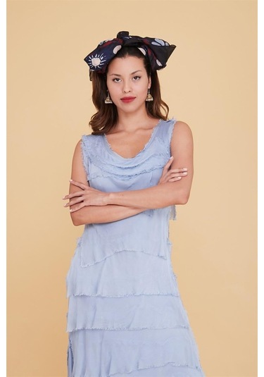 Italyan 2 Beden İnce Gösteren Kat Kat Kolsuz Ipek Elbise Açık Mavi