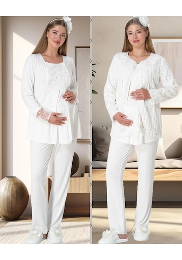 Mecit Pijama Mecit 5911 Ekru Peluş 3 Lü Pijama Sabahlık Tk 001
