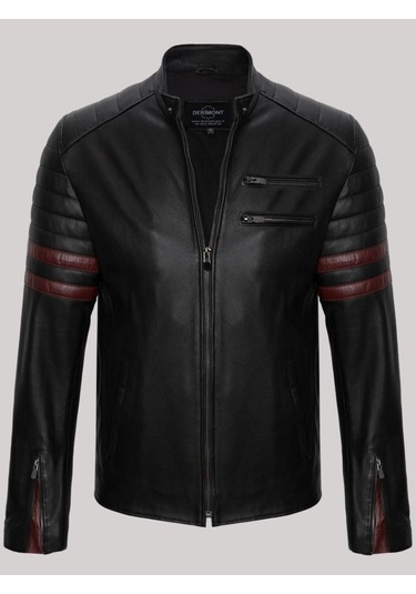 Hakiki Kuzu Derisi Siyah Erkek Deri Mont Dik Yaka Kolları Fermuarlı Deri Ceket Siyah