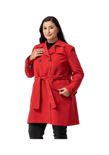 Büyük Beden Kruvaze Kolu Bant Detaylı Cepli Kuşaklı Astarlı Kırmızı Trençkot Kırmızı