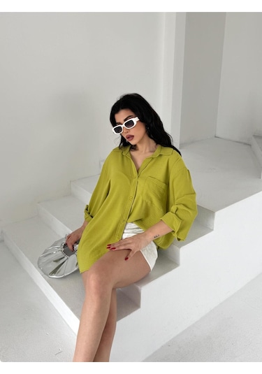 Paw Garage Kadın Flory Ayrobin Oversize Tek Cep Gömlek Sarı