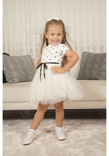 Puantiyeli Kız Çocuk Kısa Kollu Doğum Günü Ve Özel Günler İçin Tüllü Elbise Kısakol-beyaz Beyaz