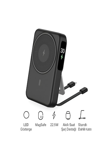 10000mah 22.5w Type-c Lightning Kablolu/kablosuz Standlı Telefon/saat Şarj Lcd Magsafe Powerbank Black