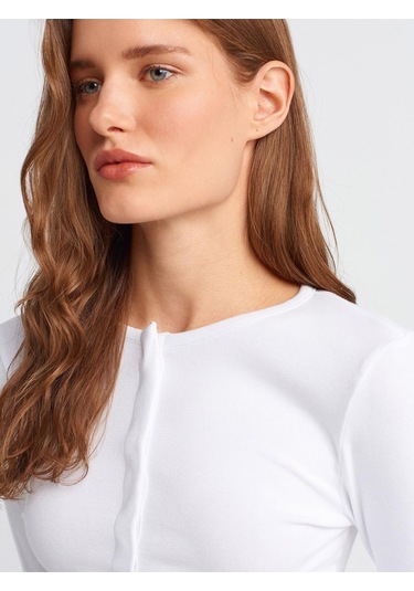 31442 Uzun Kollu Çıtçıt Düğmeli Top-beyaz-10681 Beyaz