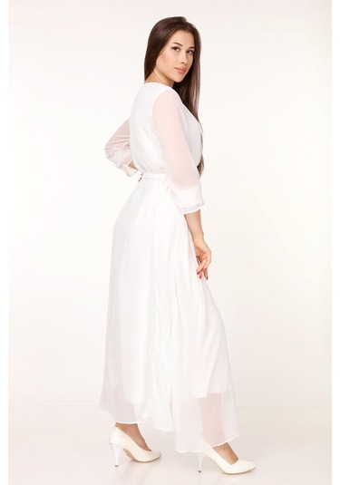 Kadın Kuşaklı Uzun Şifon Elbise Dpkts003 Beyaz