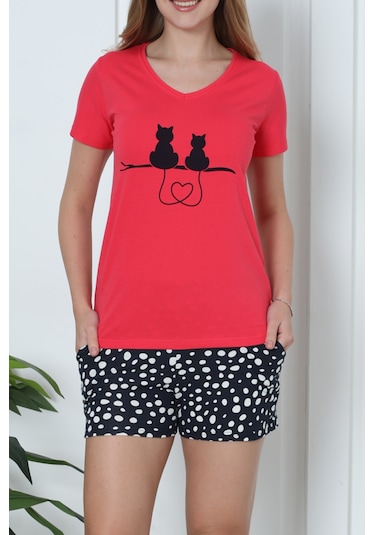 Kadın Şortlu Ve Uzun Pijama Takımı Kısa Kollu 3 Lü Set Likralı Cepli Nar
