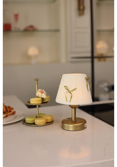 Krem Kadife Süet Gold Fiyonk Kablosuz Şarjlı Masa Lambası - Alt Eskitme Gold Eskitme Gold