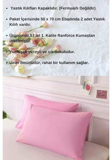 Pembe Renkli Pamuklu Ranforce Kumaştan Yastık Kılıfı 2 Adet