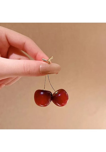 Altın Kaplama Kiraz Cherry Küpe Kırmız - Altın