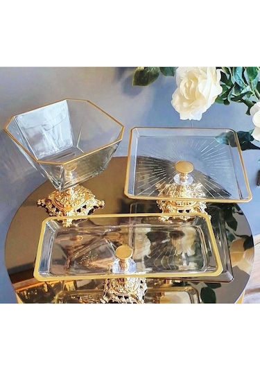 Elta Collection Gold 3 Parça Pasta Sunumluk Set Kurabiyelik & Servis Tabağı - Elta Collection Altın