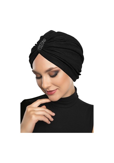 Dizayn Tüllü Kristal Taş İşlemeli Çift Taraflı Astarlı Siyah Hazır Türban Tesettür Abiye Bone Siyah