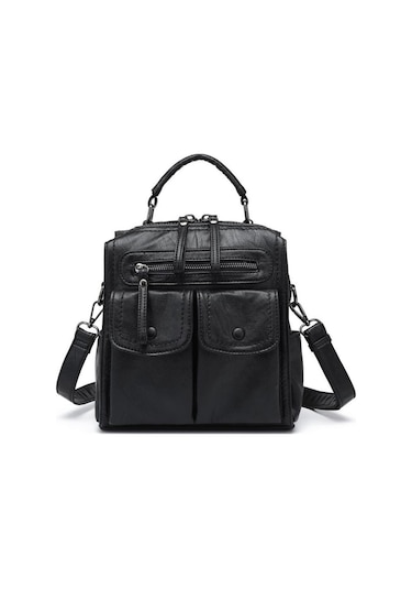 Yıkama Deri Sırt Askılı Kadın Çantası 21k Barcelona 1917 Siyah