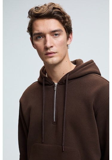 JUSTUS Erkek Kapüşonlu Kanguru Cepli Fermuar Yakalı Kahverengi Sweatshirt