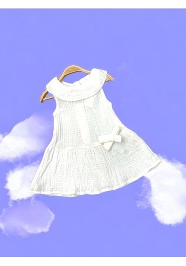 Çikoby Kız Bebek Müslin Kumaş Hırkalı Elbise Takım-15682 Ekru