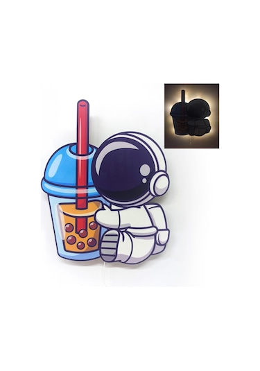 Astronot Içecek Ahşap Işıklı Çocuk Odası Duvar Tablosu