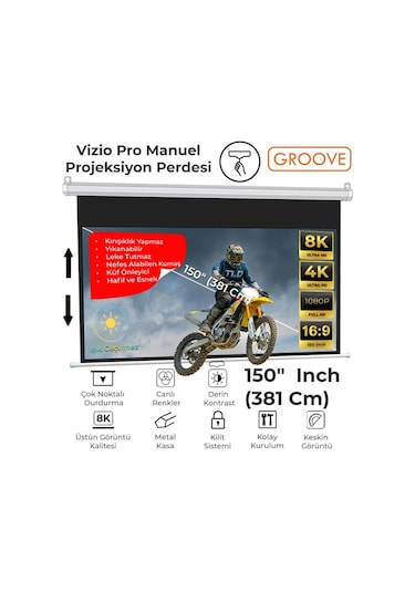 Groove Vizio Pro 150 Inch 332x188cm Blackout Işık Geçirmez Profesyonel Projeksiyon Perdesi +canlı Renkler+göz Koruması+leke Tutmaz Projector